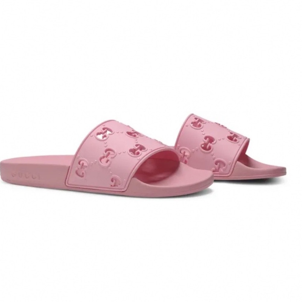 Gucci Pursuit Pink Rubber GG Monogram Logo Slide Sandals Women's Size 8 $420